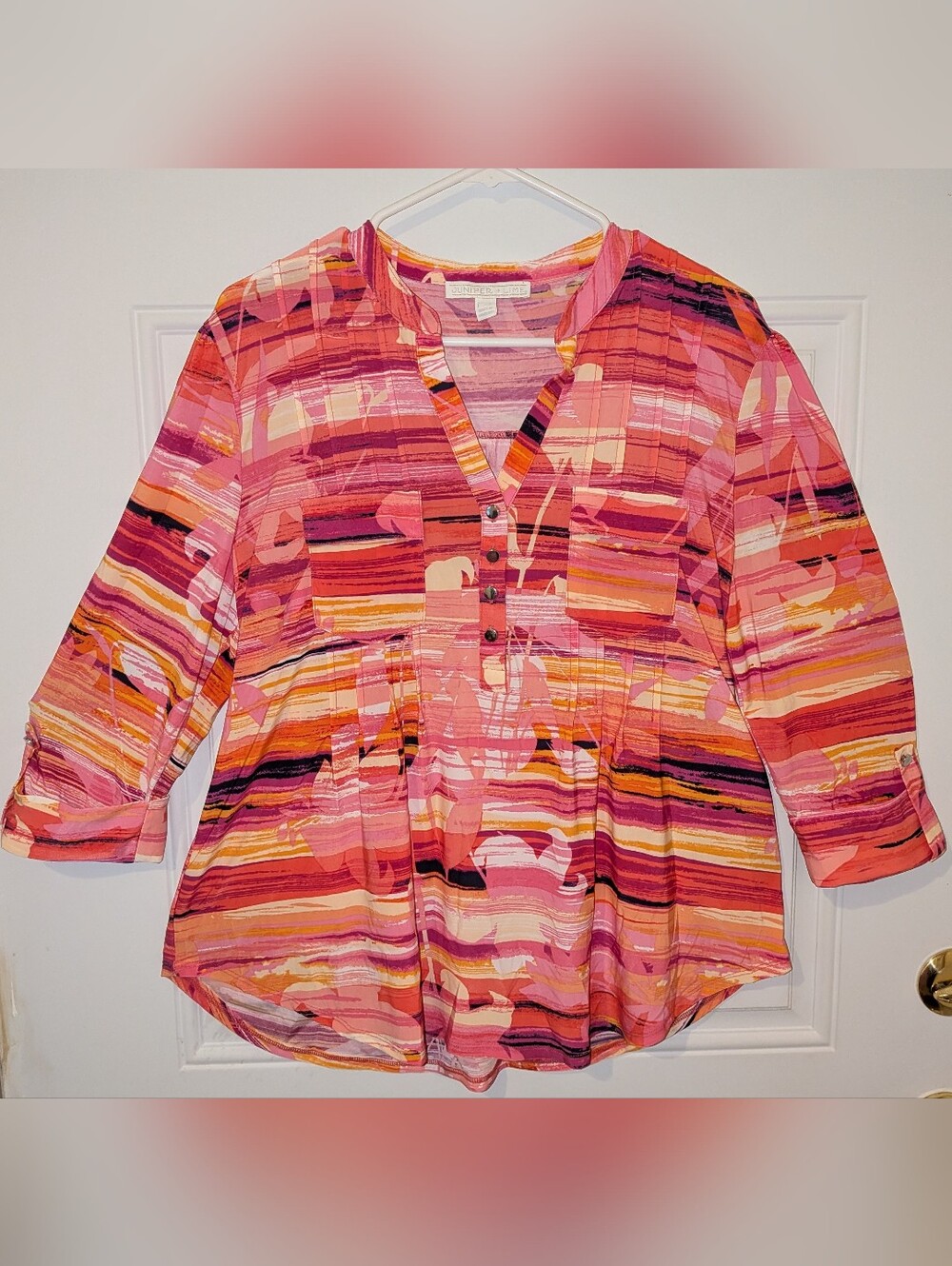 Juniper & Lime Pink & Orange Striped V-Neck Peasant Blouse